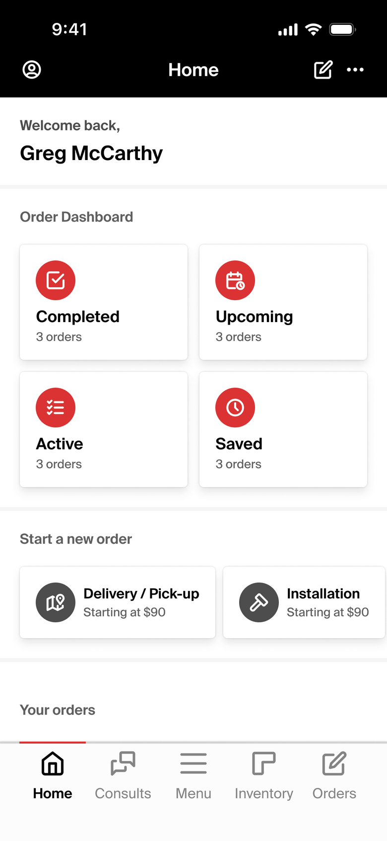 The same home on the phone: order counts in a two-by-two grid and the service tiles beneath