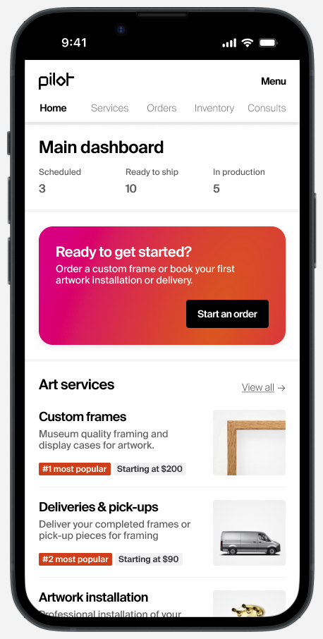 Home screen, round two: a dashboard of order counts, a start-an-order banner, and a list of art services with prices