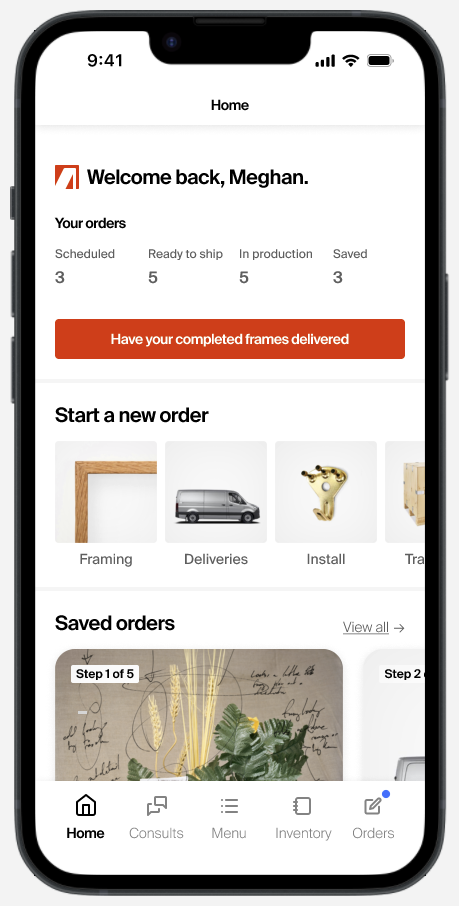 Home screen, round three: a welcome by name, order counts, a row of framing, deliveries and install tiles, and saved orders