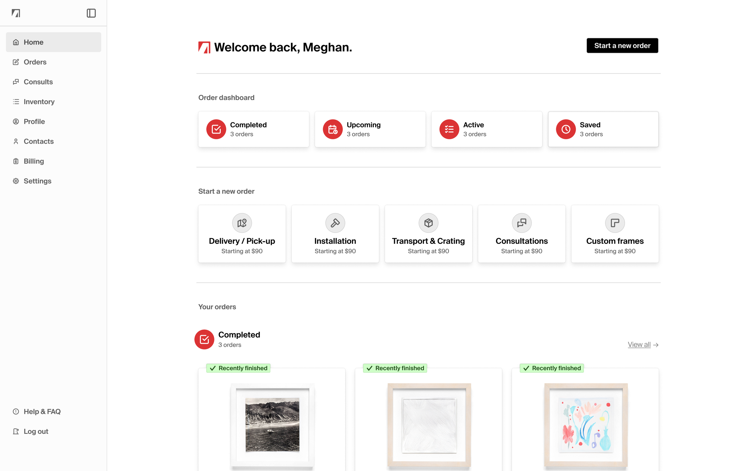 The web dashboard: a welcome by name, order counts, a row of service tiles, and completed orders with their framed works