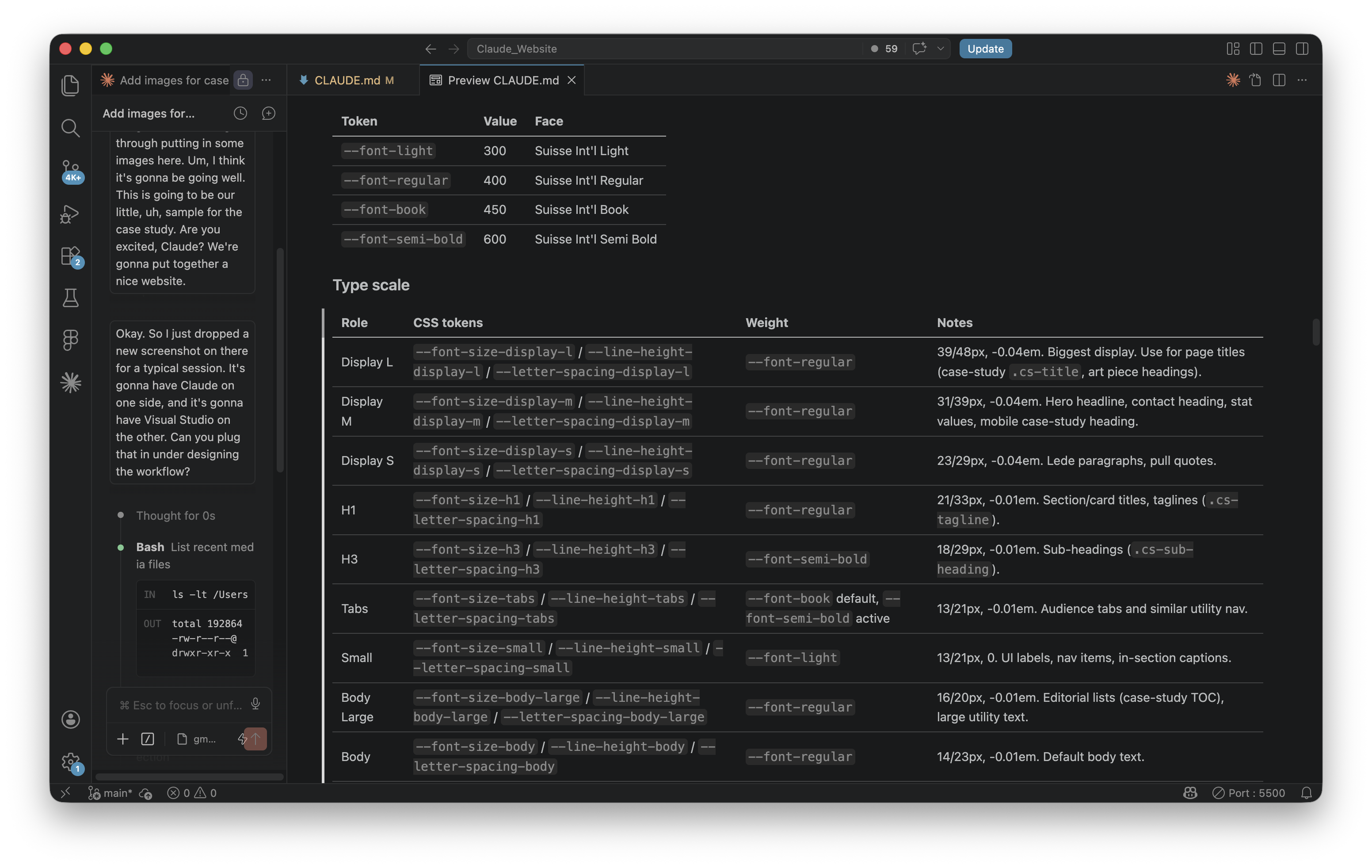 A screenshot of the CLAUDE.md design-system document, showing tokens, components and hard rules laid out as a working brief.