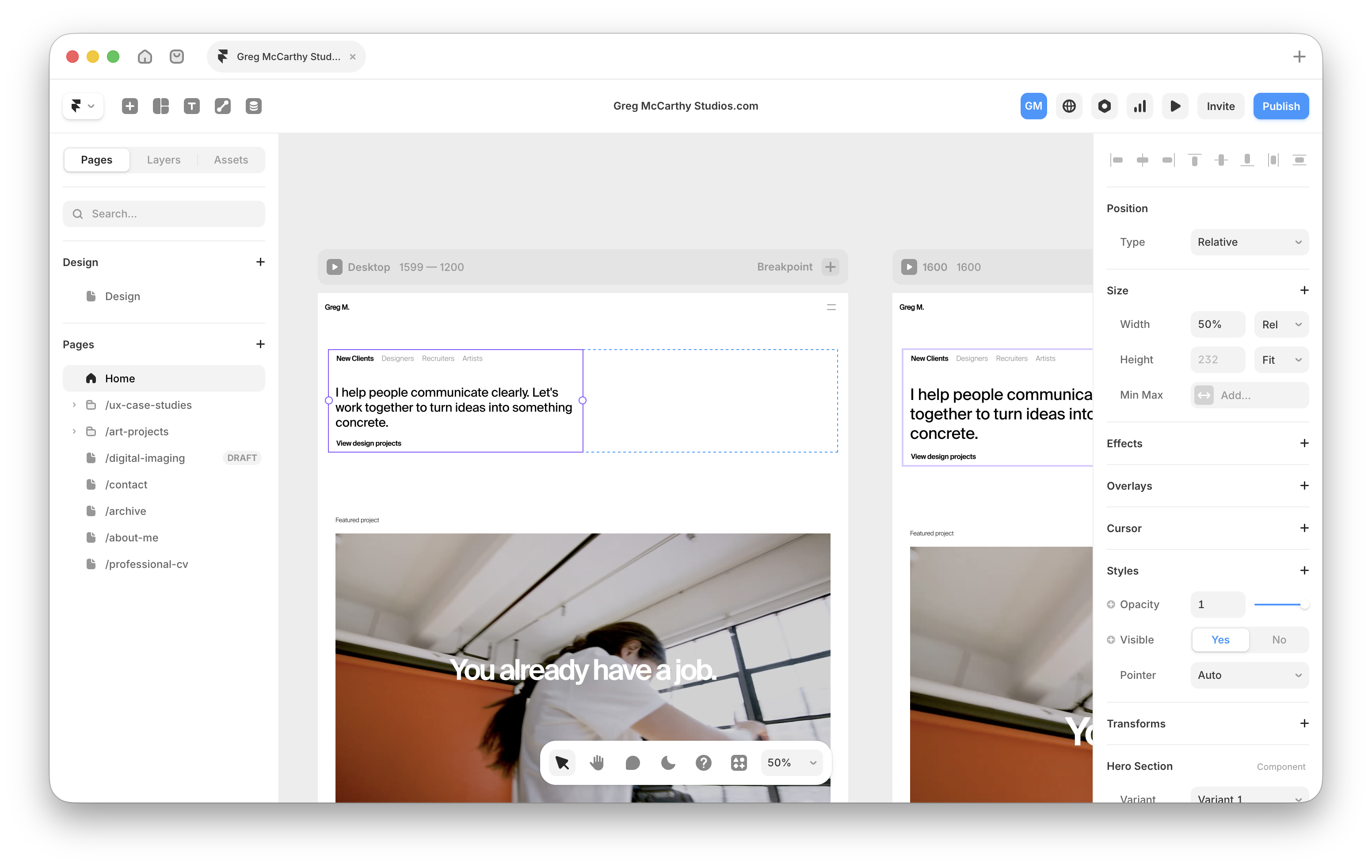The previous Greg McCarthy Studios portfolio site loaded in the Framer editor, showing the desktop breakpoint canvas, pages panel and properties inspector.