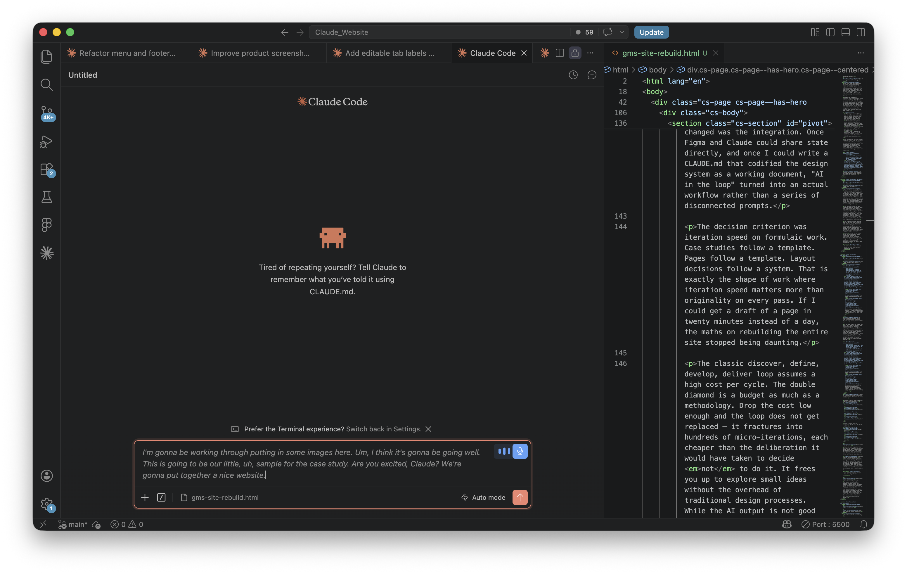 Split-screen working session: Claude open on one side, Visual Studio on the other, with a case-study page being built in real time.