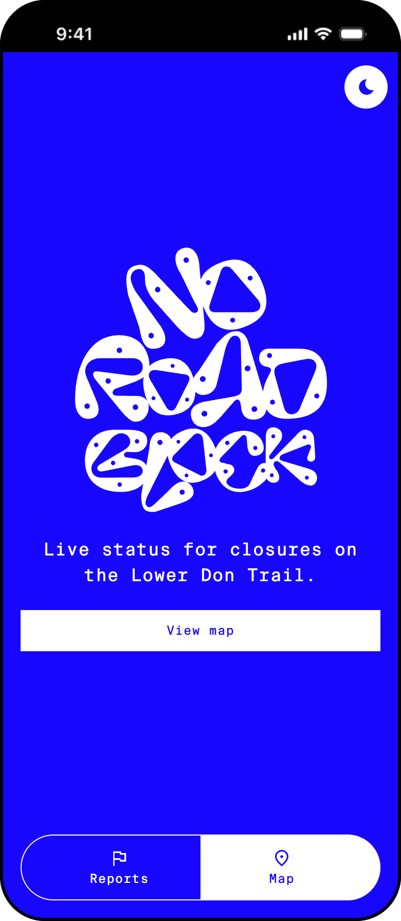 No Road Block home screen with stacked wordmark, tagline, and view-map button