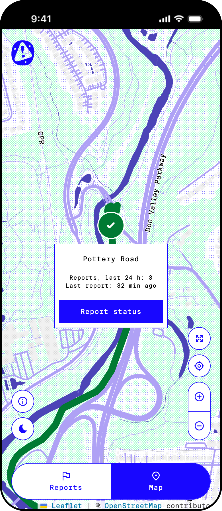 No Road Block location page for Pottery Road showing a clear status marker and three reports in the last 24 hours