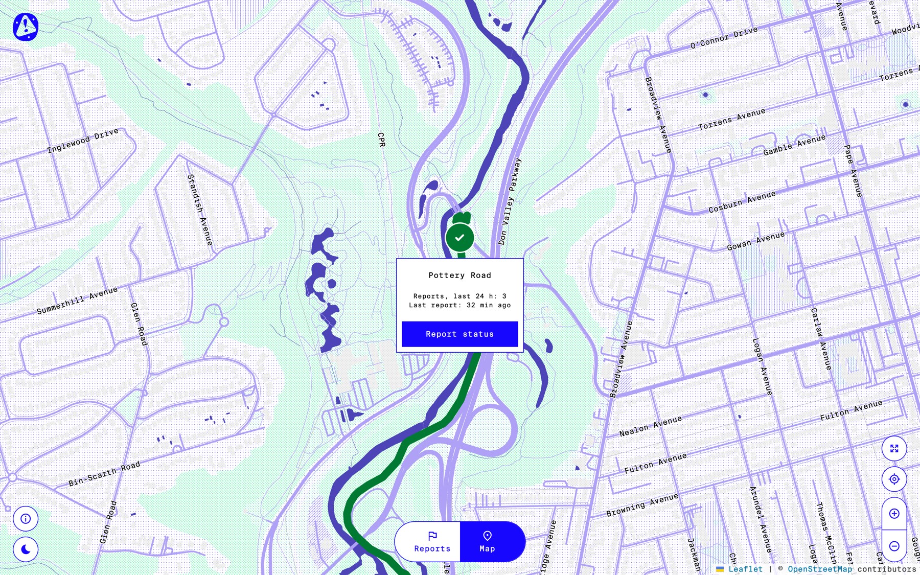 Desktop view of the No Road Block map showing the Lower Don trail corridor with a status marker at Pottery Road