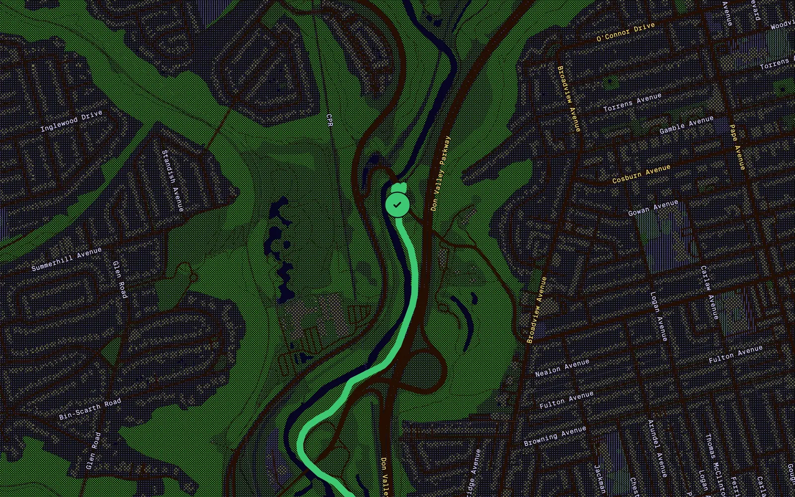 No Road Block — the app's night-mode map of the Don Valley, with a trail just reported clear lit green