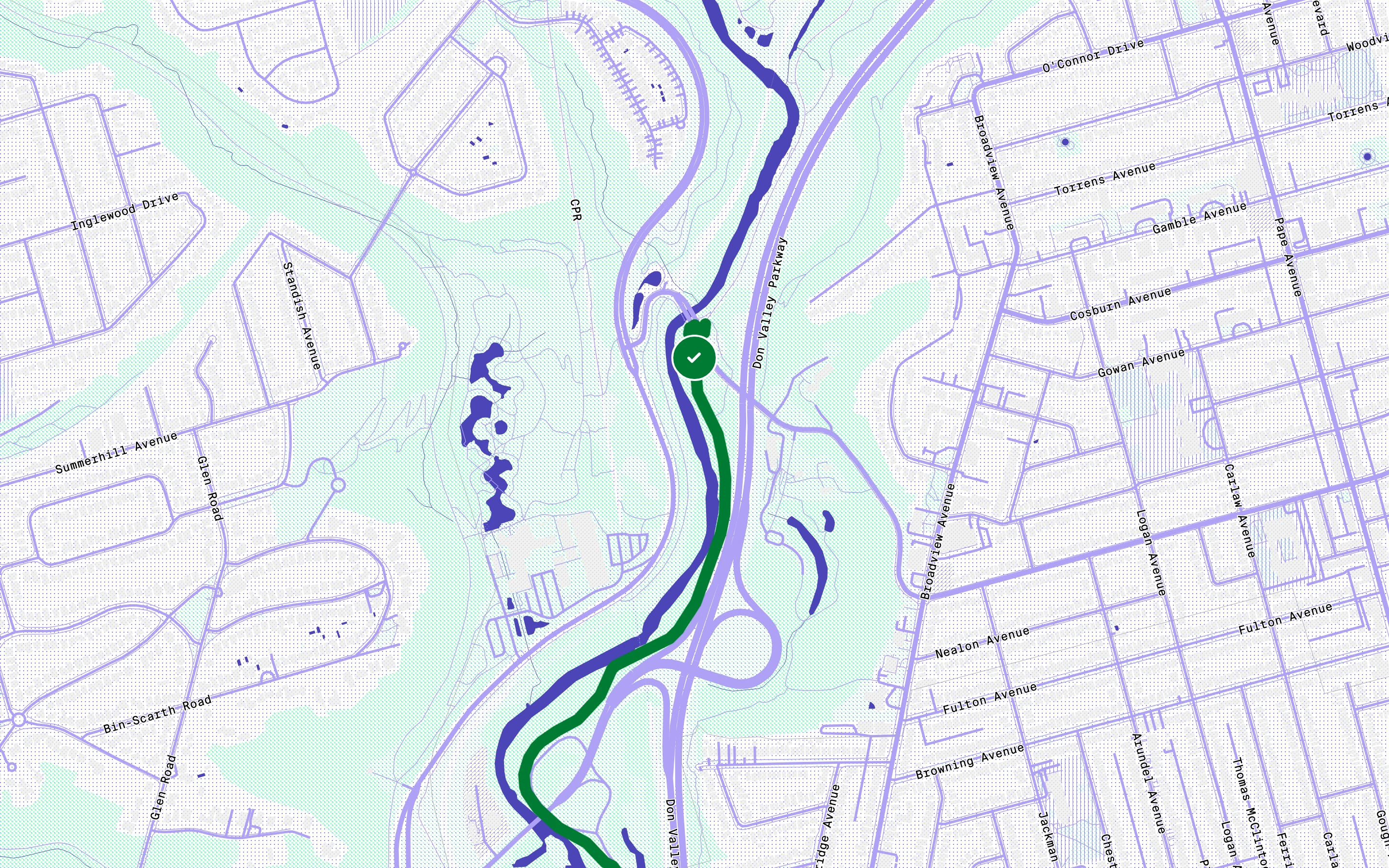 The live map around Pottery Road in the light theme — halftone greens on a paper ground.