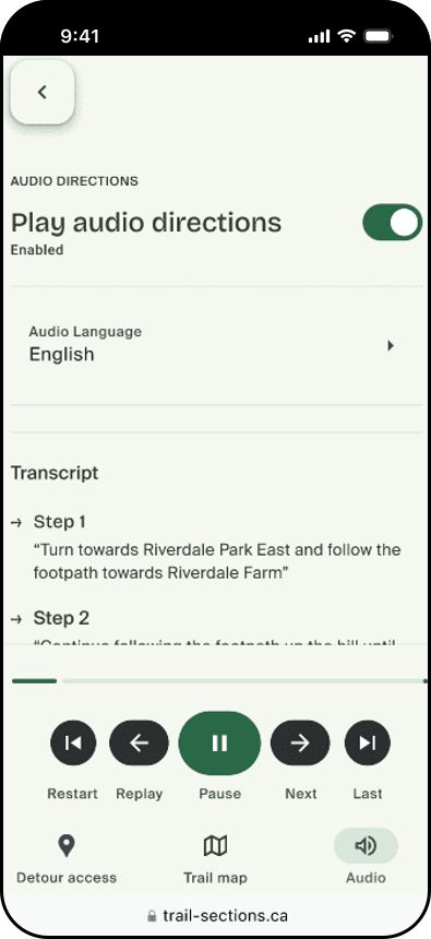 Audio instructions screen with playback controls and transcript