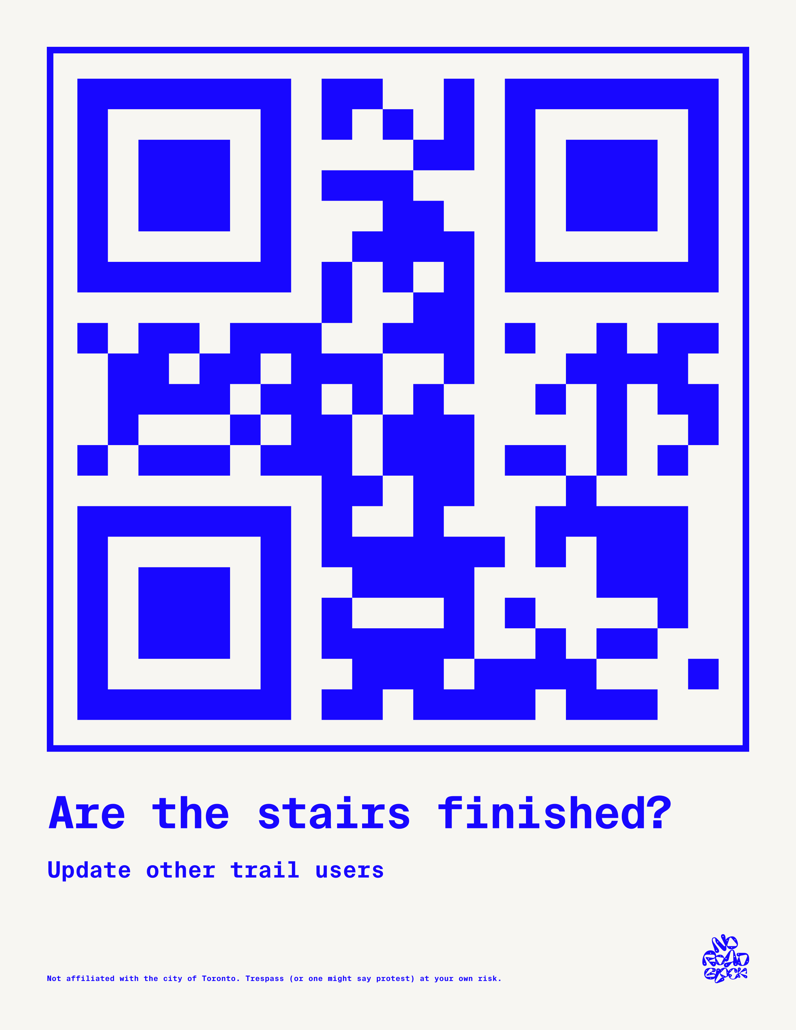 QR poster asking 'Are the stairs finished?' with a large blue QR code and the line 'Update other trail users'