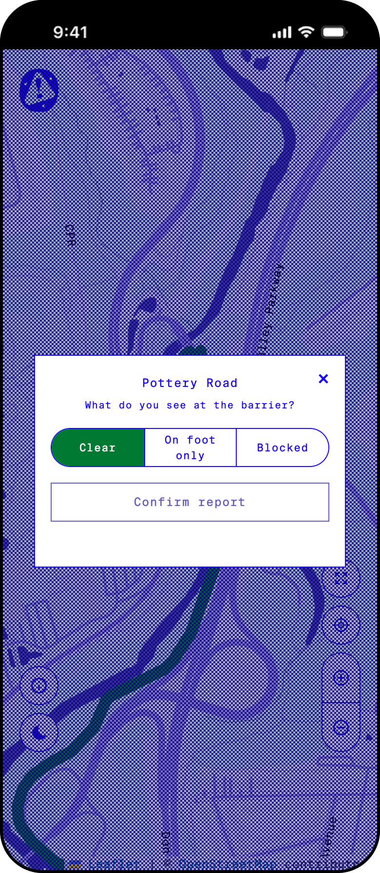 No Road Block report sheet asking 'What do you see at the barrier?' with clear, on foot only, and blocked options
