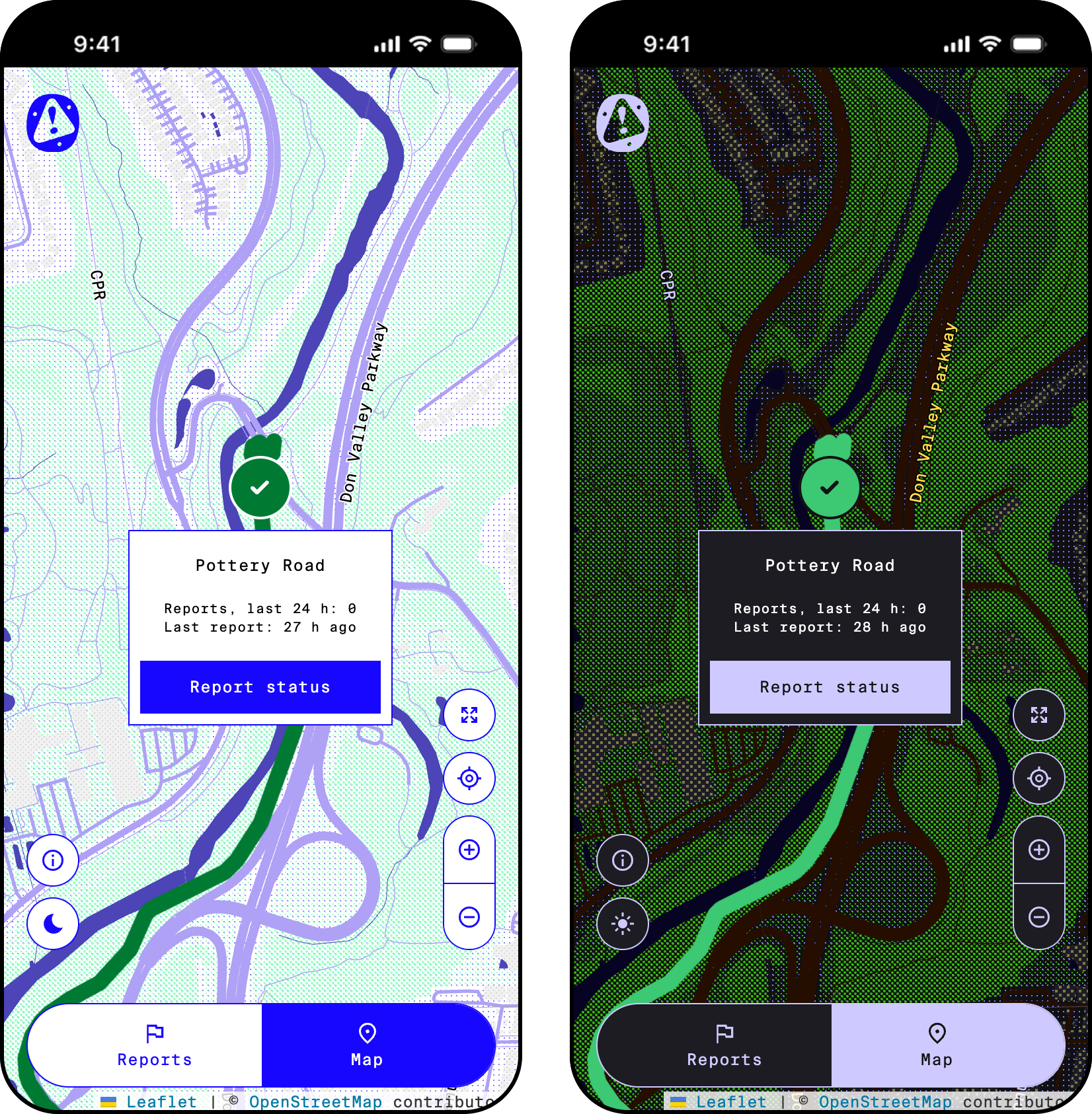 The same Pottery Road map view in light and dark themes side by side: paper ground with halftone greens on the left, deep green night map with lit-window buildings and a pale green trail on the right