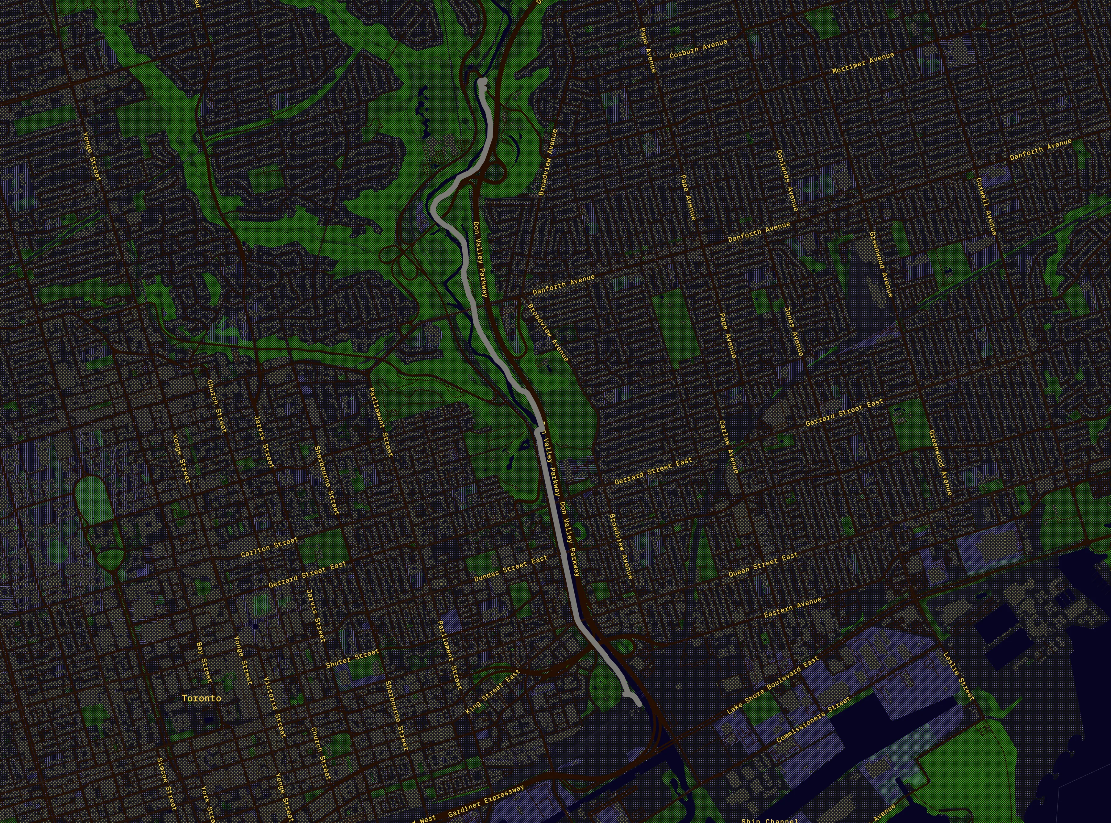 The Lower Don Trail corridor rendered in No Road Block's dark map theme, the trail picked out in white against the dithered city