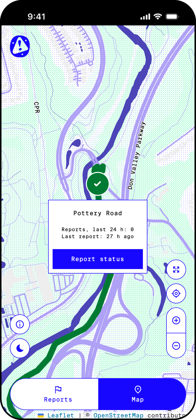 The live No Road Block map focused on Pottery Road: a green clear-status disc on the trail, a card reading 'Reports, last 24 h' with a Report status button, floating map tools, and the Reports/Map bottom navigation