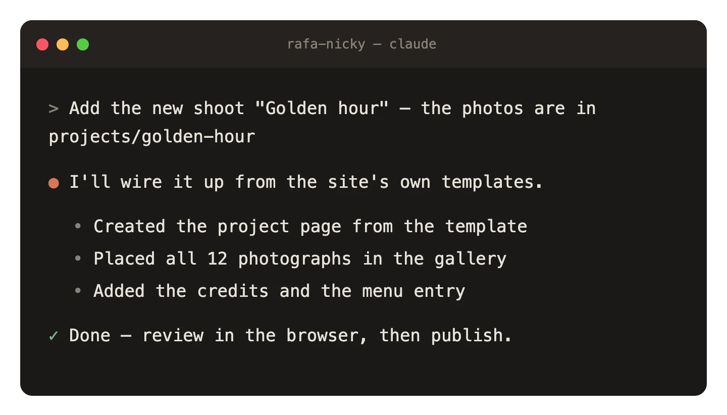 A terminal running Claude Code in the rafa-nicky folder: asked to add a new shoot, it creates the project page from the template, places the photographs, and reports done