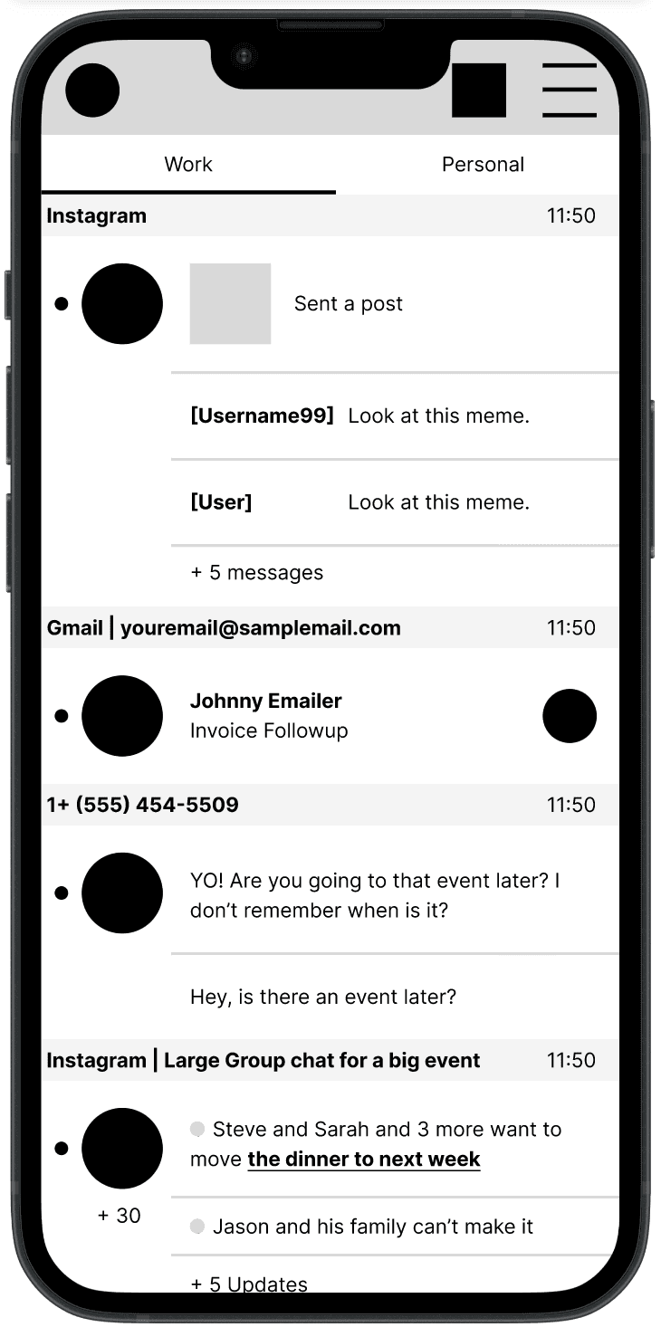 Early digital wireframe with work/personal toggle