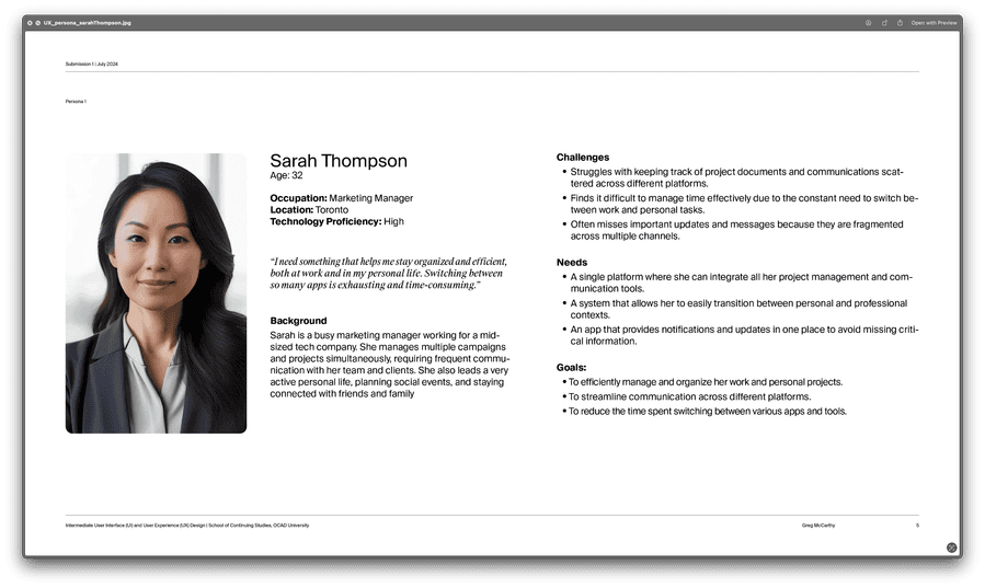Sarah Thompson persona — marketing manager in Toronto. Goals: quicker personal replies, clear priorities. Pain points: scattered apps and notification noise. Channels include SMS, Messenger, and email.