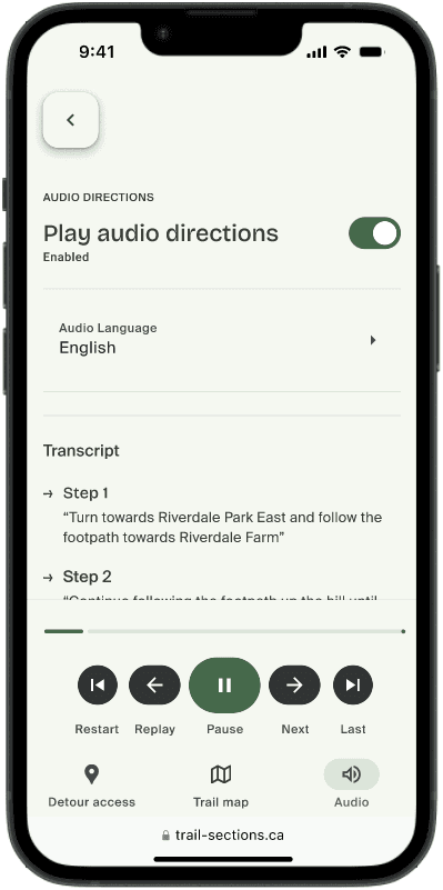 Audio instructions screen with playback controls and transcript