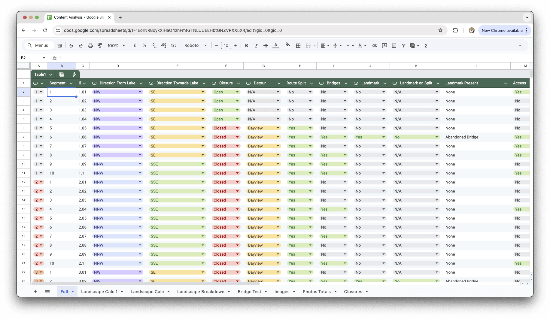 Google Sheets analysis showing correlations between bridges, images, and distances