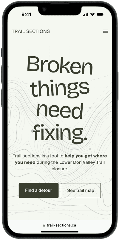 Home screen of the Trail Sections mobile website